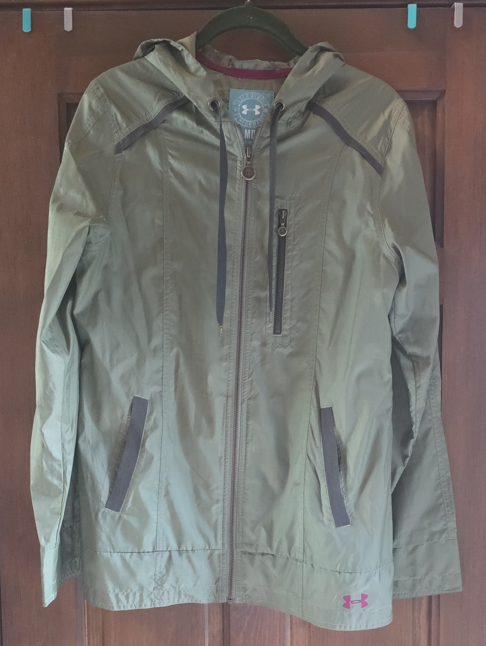 Under Armour Olive Green Hooded Windbreaker Unlined Jacket Sz Medium Like New